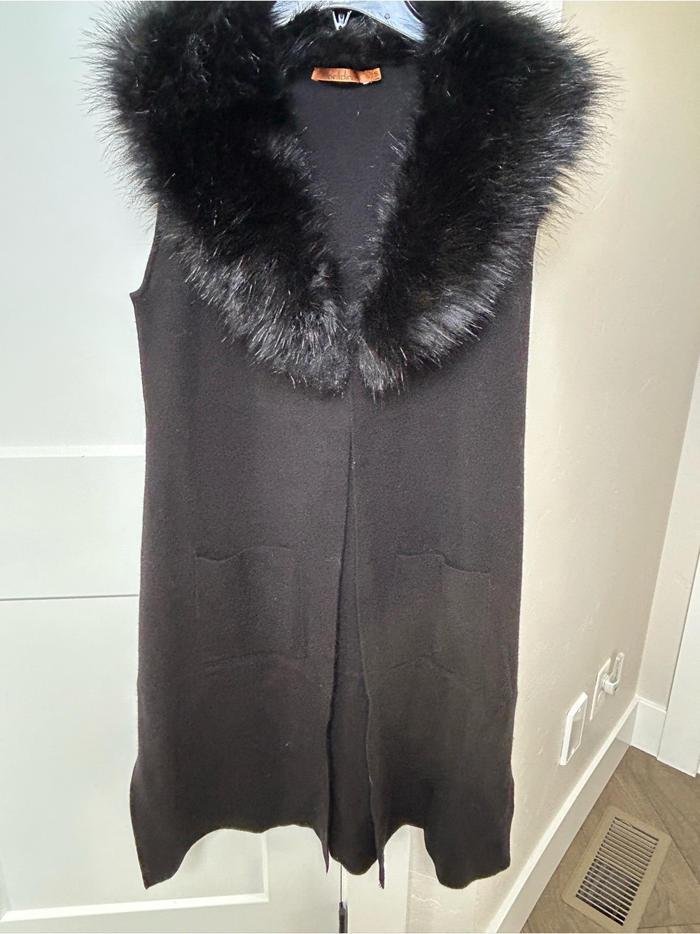 Belldini Black Faux Fur Collar Sleeveless Knit Long Vest